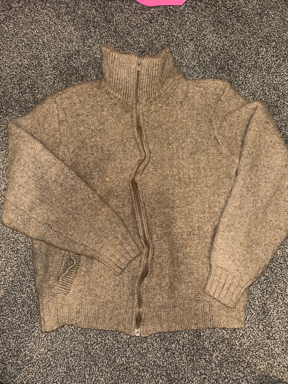 Vintage LL Bean Mens Brown 100% Shetland Wool Full Zip Cardigan Sweater L